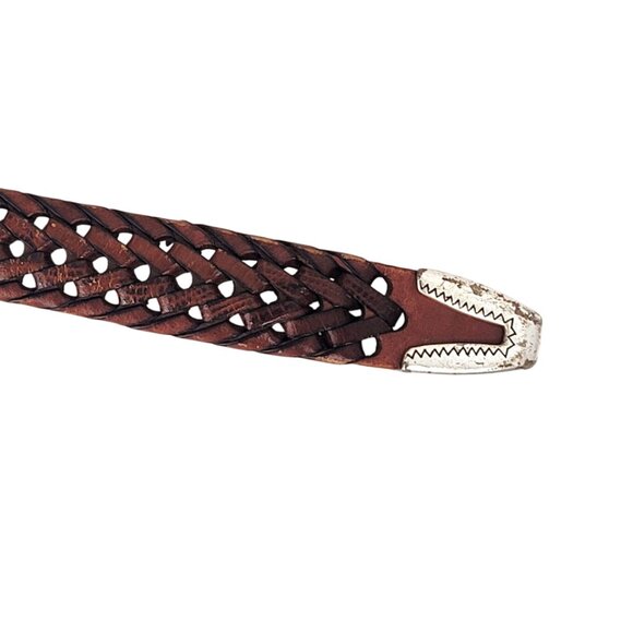 Vintage Unisex Woven Leather Belt Brown Silver Buckle 40.5" length size Large - Picture 3 of 7